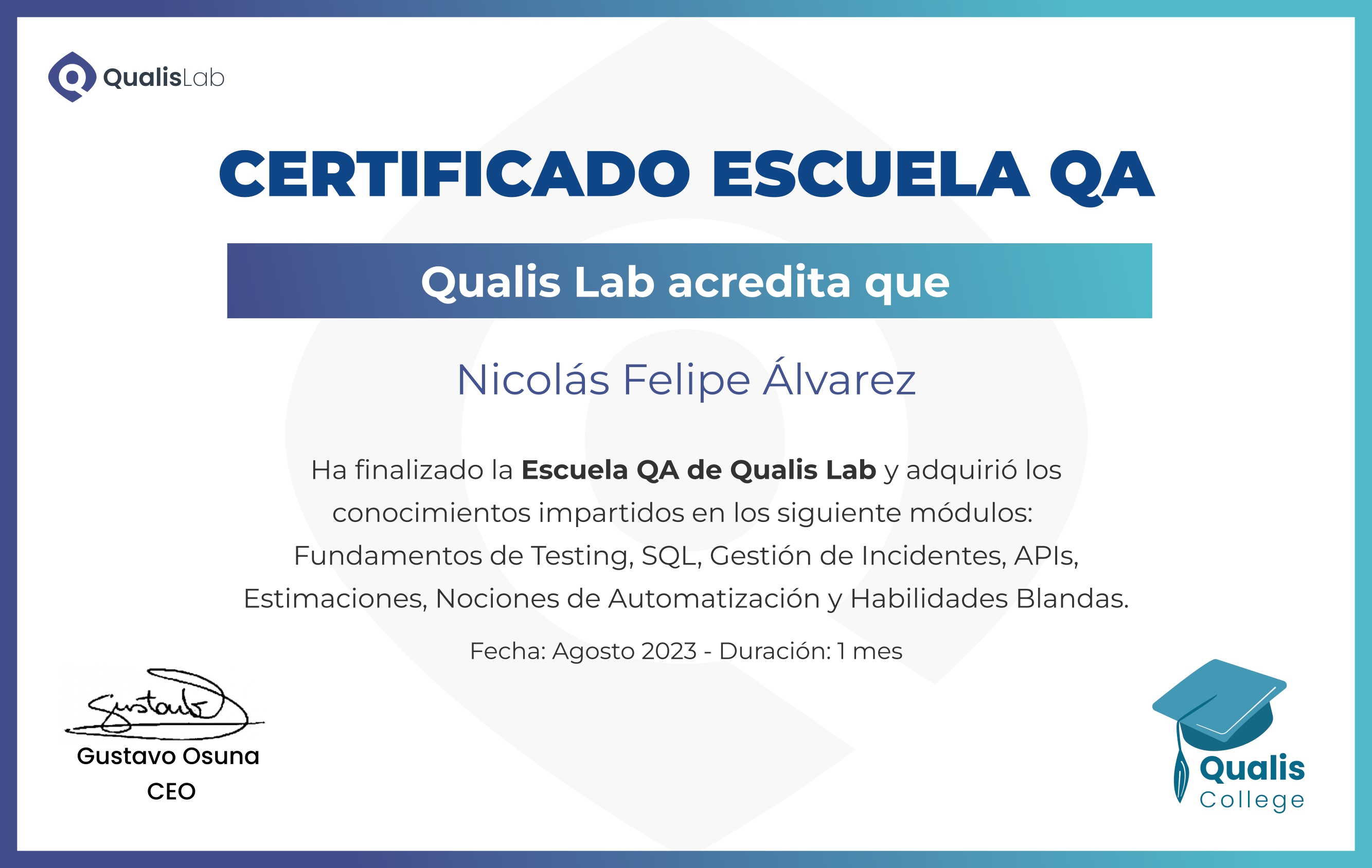 Cerficiado de Escuela QA