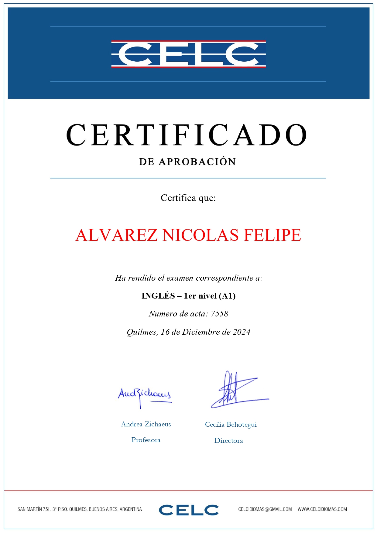 Cerficiado de Inglés, Nivel A1